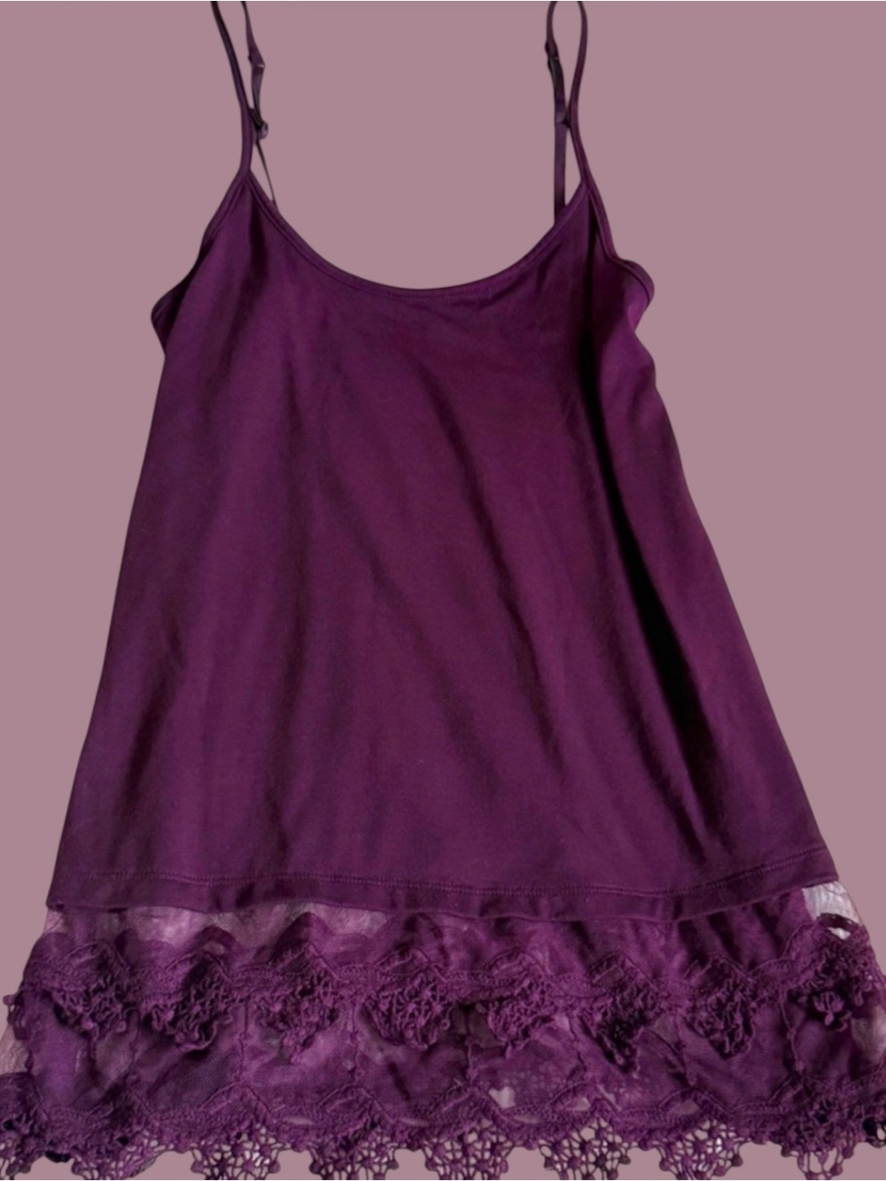 Vanity size small oversized fit women’s Purple Lace-Hem Cami Tank Top soft